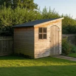 Déclaration abri de jardin : un petit abri en bois installé sur une pelouse dans un jardin ordinaire, vu de trois quarts, le débord de toit bien visible.