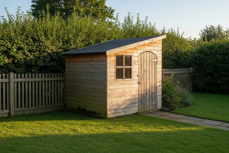 Déclaration abri de jardin : un petit abri en bois installé sur une pelouse dans un jardin ordinaire, vu de trois quarts, le débord de toit bien visible.