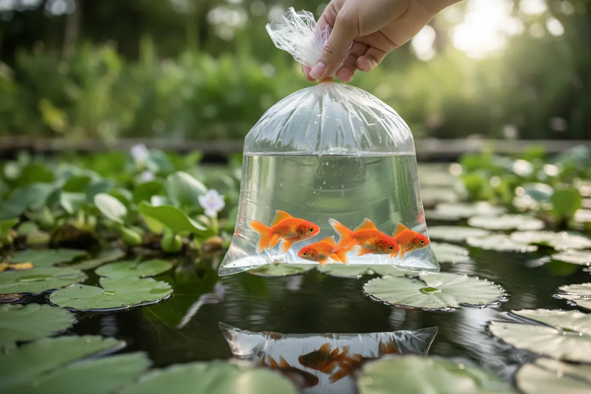 Un sac plastique transparent fermé contenant de l'eau et des poissons rouges flotte à demi immergé à la surface d'un bassin, tenu par une main au bord du cadre.