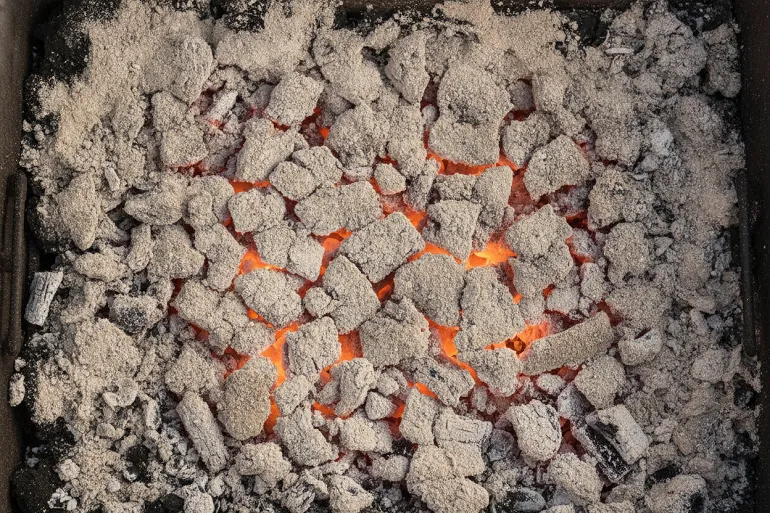 Le lit de braises d'un barbecue recouvert d'une fine cendre grise, rougeoyant faiblement, sans aucune flamme.
