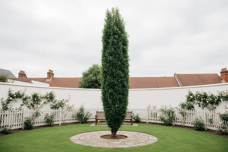 Arbre pour petit jardin : un sujet fastigié élancé dans un jardin de ville clos, planté à distance de la clôture, son feuillage montant à la verticale sans s'étaler.