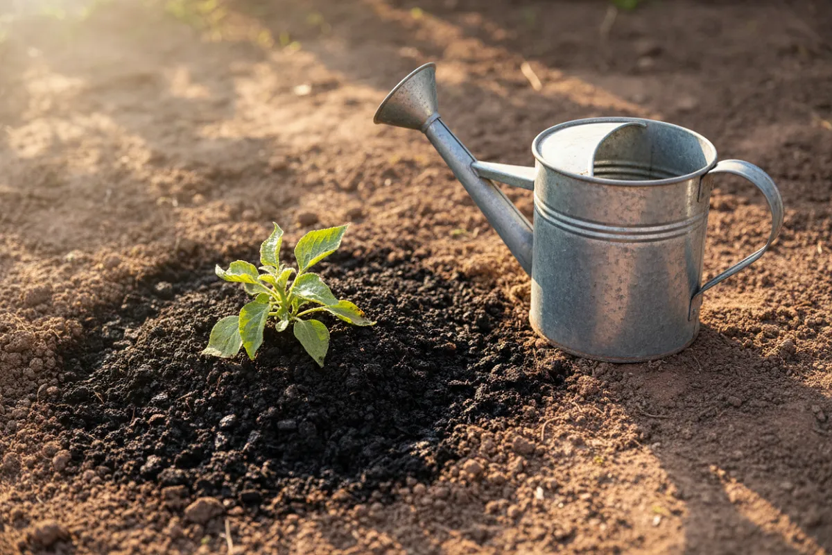Planter en mai au potager : la terre profondément imbibée autour du pied d'un jeune plant, une limite nette entre la zone humide sombre et la terre sèche plus loin, l'arrosoir vide posé à côté.