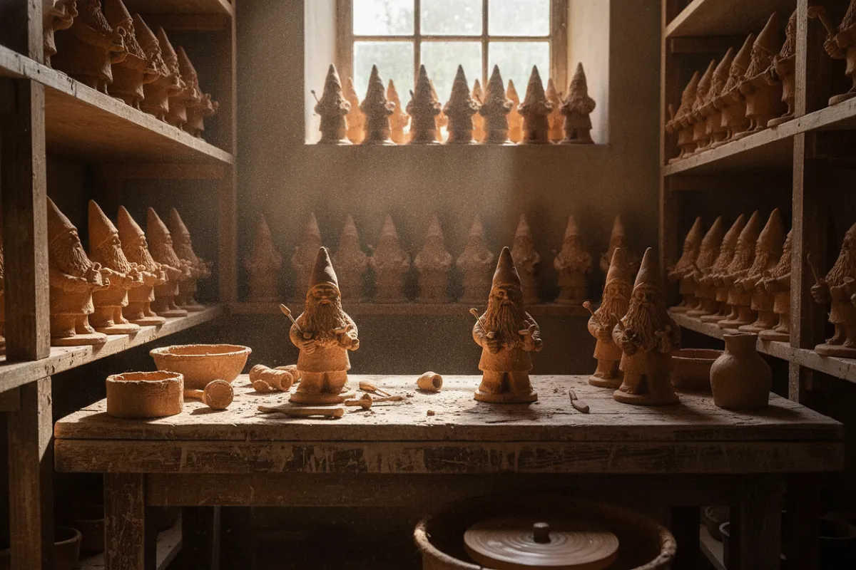 Des dizaines de figurines identiques en terre cuite non peinte, coiffées d'un bonnet pointu, alignées sur les étagères en bois d'un atelier de poterie ancien.