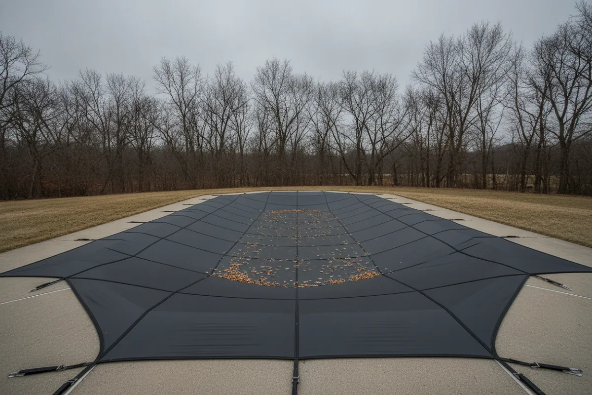 Une piscine enterrée recouverte d'une bâche d'hivernage foncée et opaque, bien tendue et fixée sur les bords, une fine couche de feuilles mortes reposant dessus.