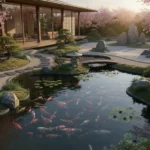 une maison avec un jardin japonais abritant un bassin à carpes koï