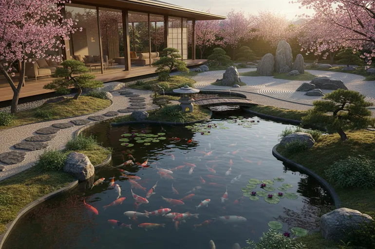 une maison avec un jardin japonais abritant un bassin à carpes koï