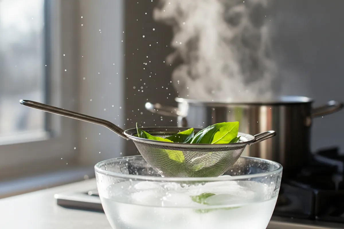 Une petite passoire soulève des feuilles de basilic d'un vert éclatant hors d'un saladier d'eau glacée, avec une casserole fumante en arrière-plan.