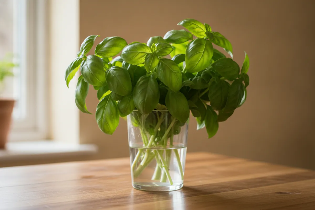 Un bouquet de tiges de basilic dressé dans un verre d'eau transparent sur un plan de travail en bois, feuilles d'un vert vif, lumière de fenêtre.