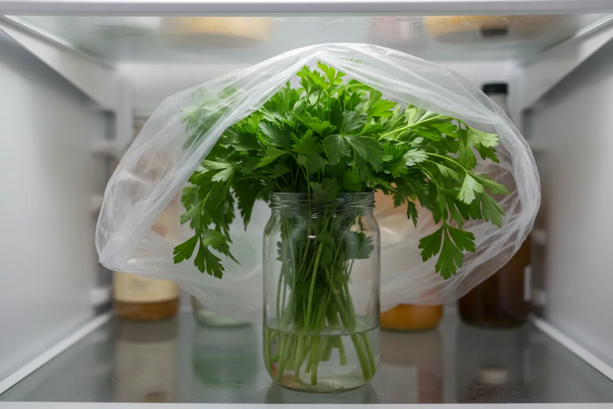 Une botte de persil plat dressée dans un bocal en verre avec un fond d'eau, recouverte d'un sac plastique transparent posé sans être fermé, sur une clayette de réfrigérateur.