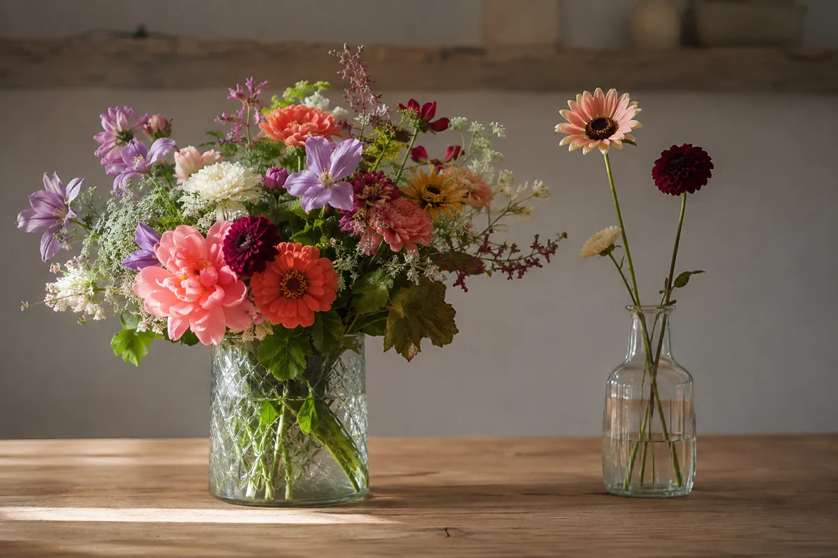 Sur une table, un vase garni d'un mélange abondant de fleurs d'été à côté d'un second vase ne contenant que trois tiges.