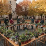 Bourses aux plantes automne 2026 : toutes les dates 2 Vue large d'une bourse aux plantes sur une place de village, plusieurs tables de tréteaux chargées de petits plants en pots de récupération, une dizaine de personnes échangeant des pots et discutant.