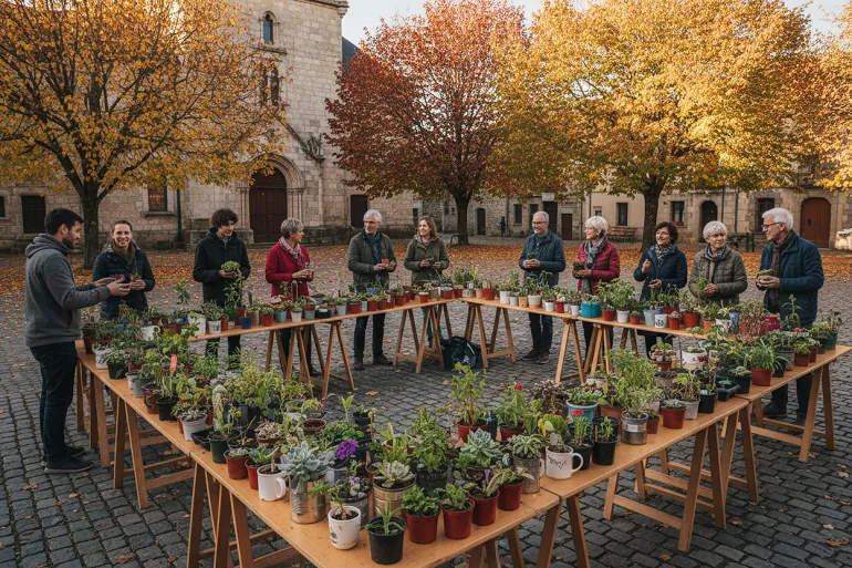 Vue large d'une bourse aux plantes sur une place de village, plusieurs tables de tréteaux chargées de petits plants en pots de récupération, une dizaine de personnes échangeant des pots et discutant.
