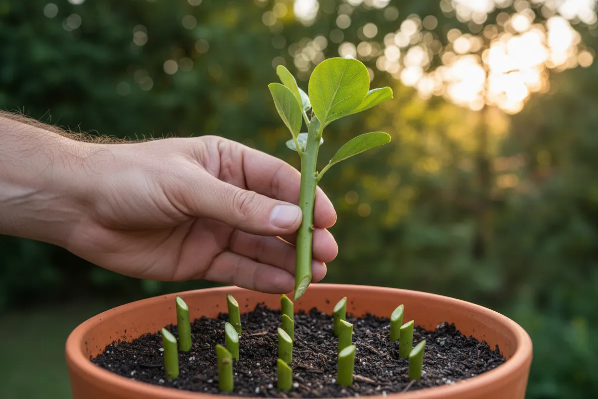 Planter en août au potager : une main tient un rameau de l'année coupé en biais, les feuilles du bas retirées, plusieurs boutures similaires alignées dans un pot de substrat humide à l'ombre.