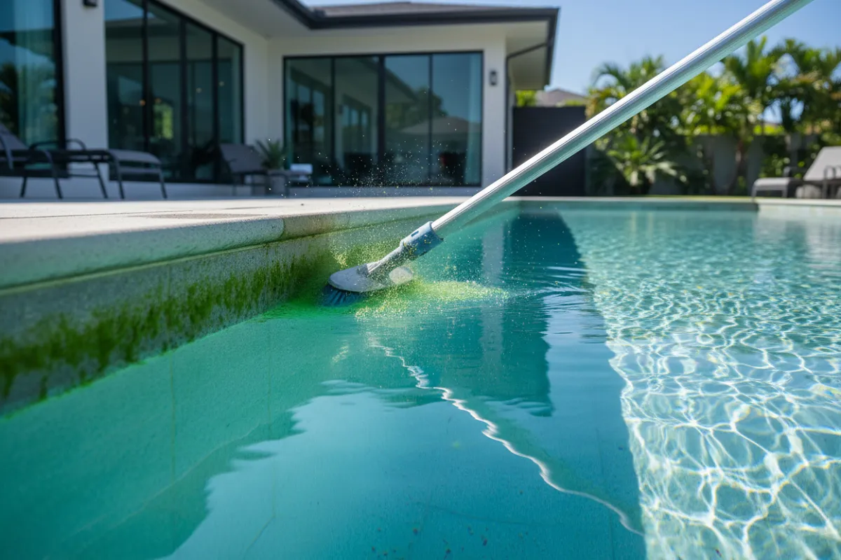 Une brosse frotte une paroi couverte d'un film vert glissant, un nuage de particules vertes se détachant derrière elle, la paroi restant verte devant la brosse et redevenant claire là où elle est passée.