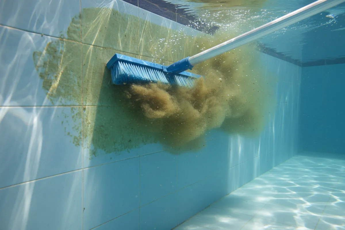 Une brosse de piscine sur perche frotte une paroi immergée, un nuage dense de particules se détachant derrière elle, la paroi restant terne devant la brosse et nette là où elle est déjà passée.