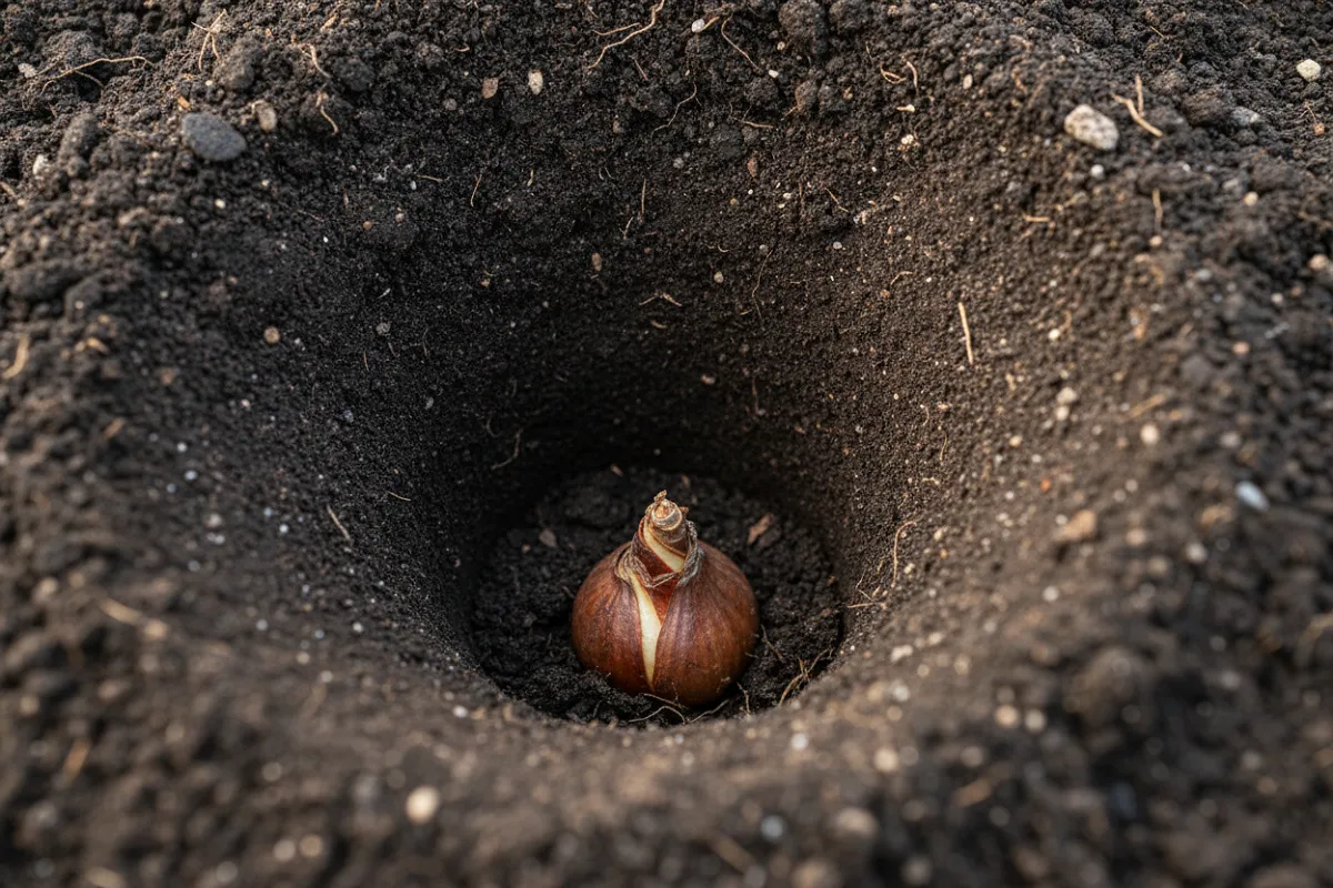 Quand planter les bulbes : un bulbe posé au fond d'un trou, pointe vers le haut, dans une terre meuble.