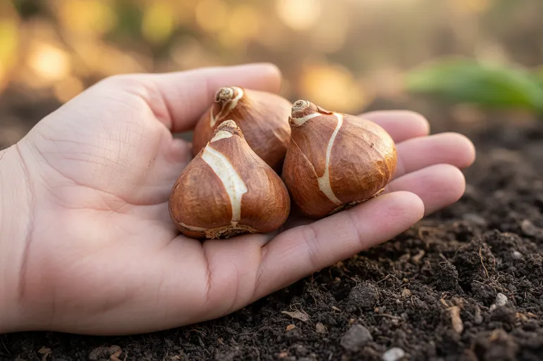 Plusieurs bulbes de tulipes secs tenus dans une main ouverte au-dessus d'une terre de jardin sombre.