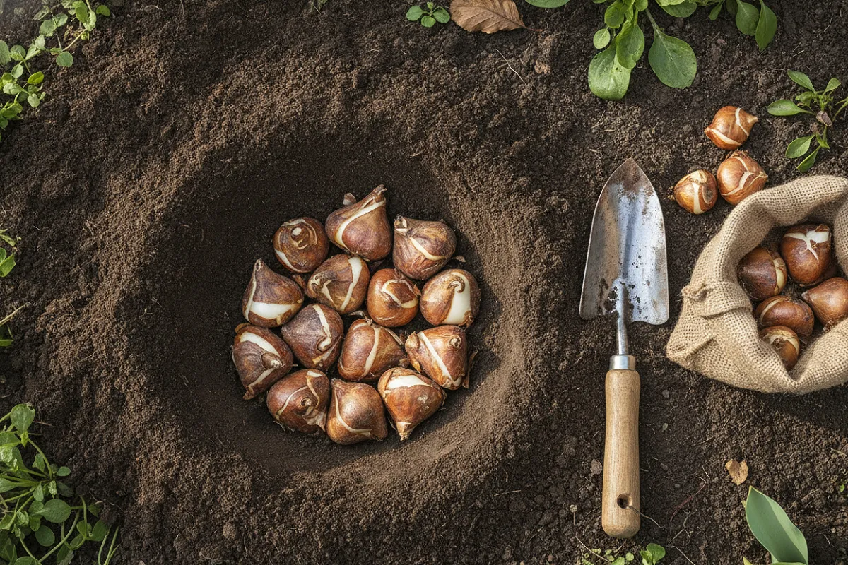 Vue plongeante sur un trou de plantation où une douzaine de bulbes sont disposés serrés en groupe, pointes vers le haut, un transplantoir et d'autres bulbes à côté.