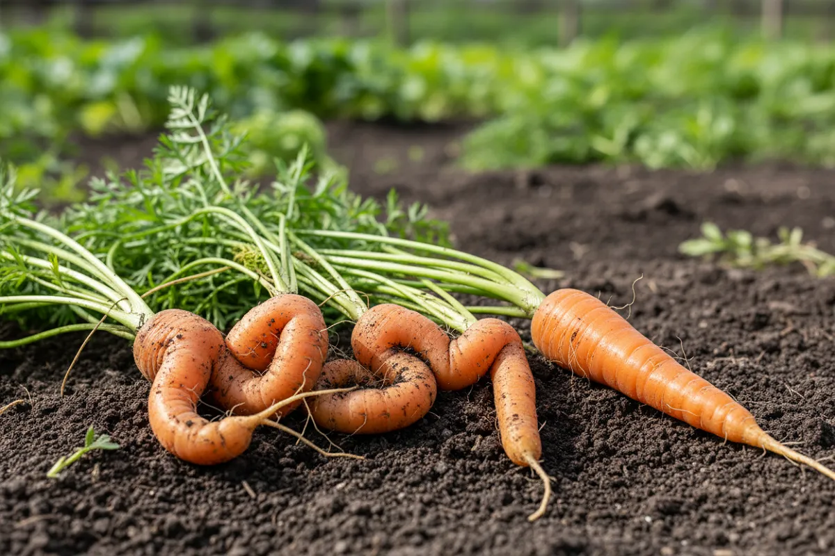 Plusieurs carottes fraîchement arrachées posées sur la terre, certaines fourchues et déformées, une droite et régulière à côté.