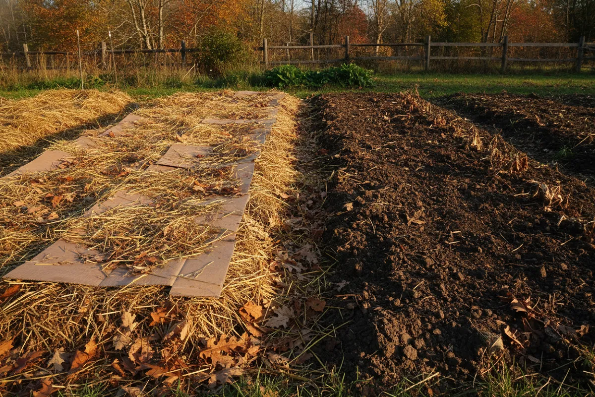 Une planche de potager couverte de cartons bruns qui se chevauchent, partiellement recouverts de paille et de feuilles sèches, la planche voisine laissée en terre nue.