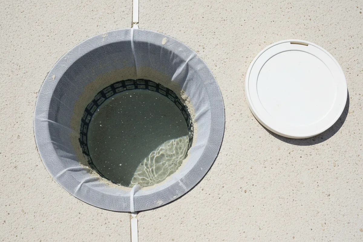 Vue plongeante dans un skimmer de piscine ouvert, une chaussette en maille fine tendue sur le panier et chargée de fines particules, le couvercle posé à côté sur la margelle.