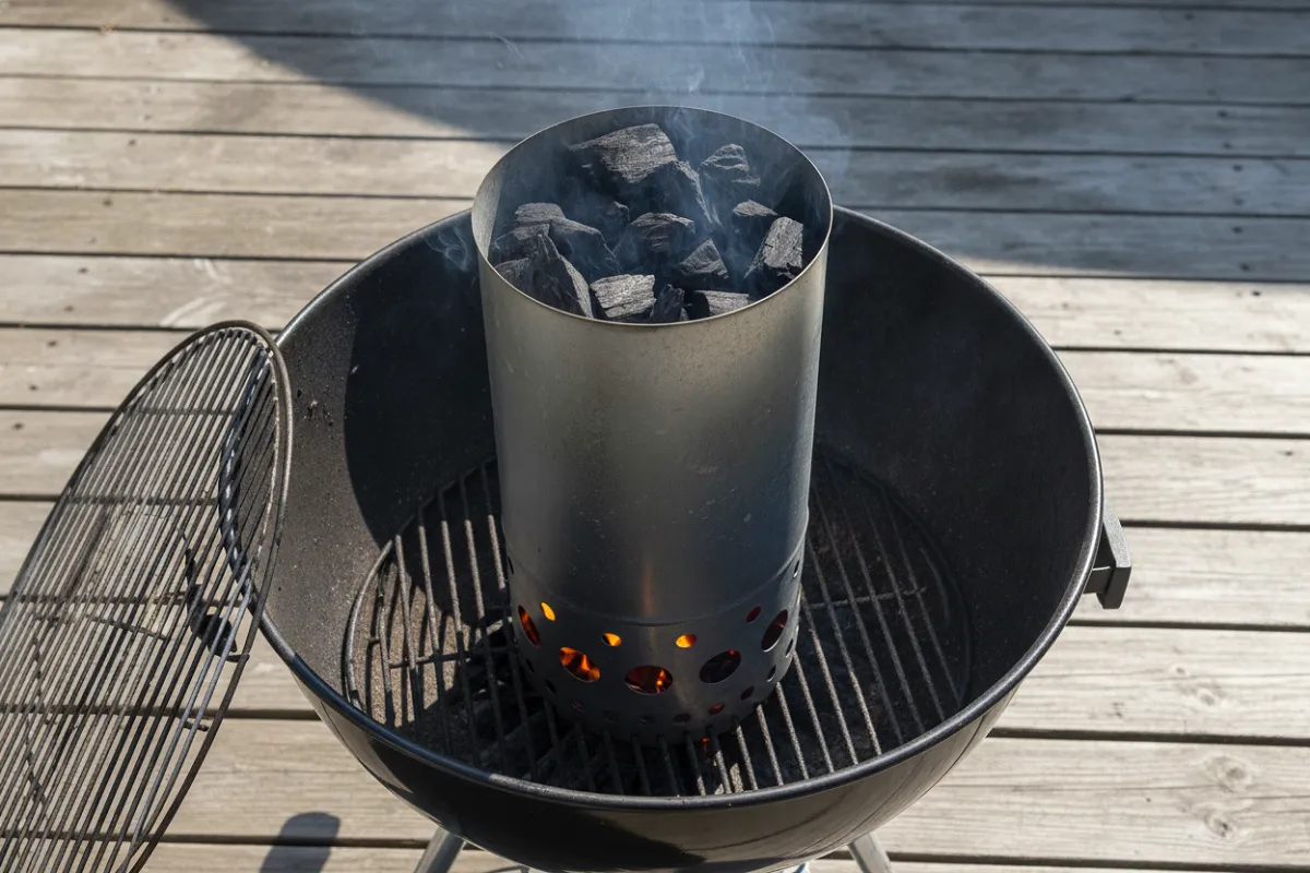Une cheminée d'allumage cylindrique remplie de charbon, posée dans le foyer d'un barbecue, avec des flammes visibles par les orifices du bas.