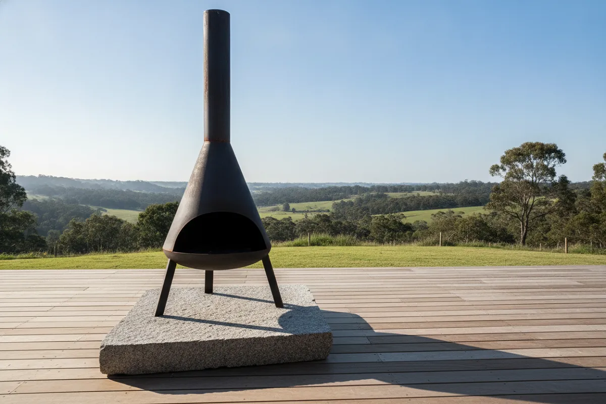 Une cheminée d'extérieur sur trois pieds hauts posée sur une terrasse en bois, avec une dalle intercalée dessous.