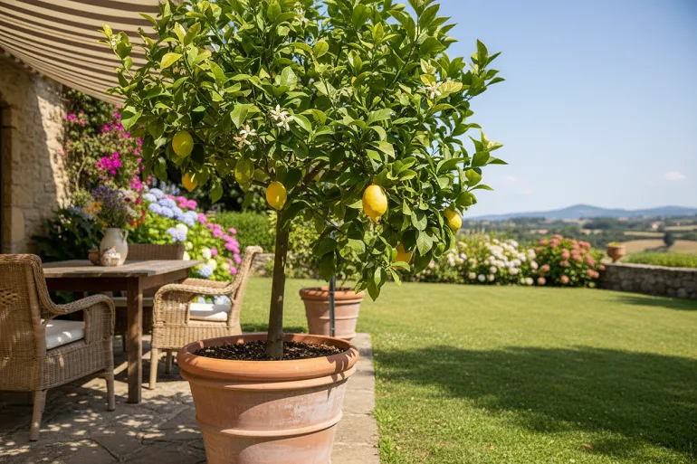 citronnier en pot sur la terrasse d'un jardin