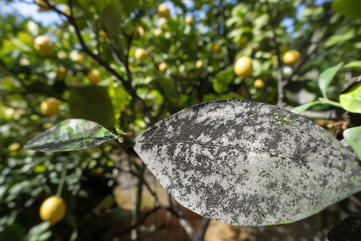 Feuille de citronnier recouverte d'un dépôt noir et poudreux de fumagine, sur un arbre en fruits.