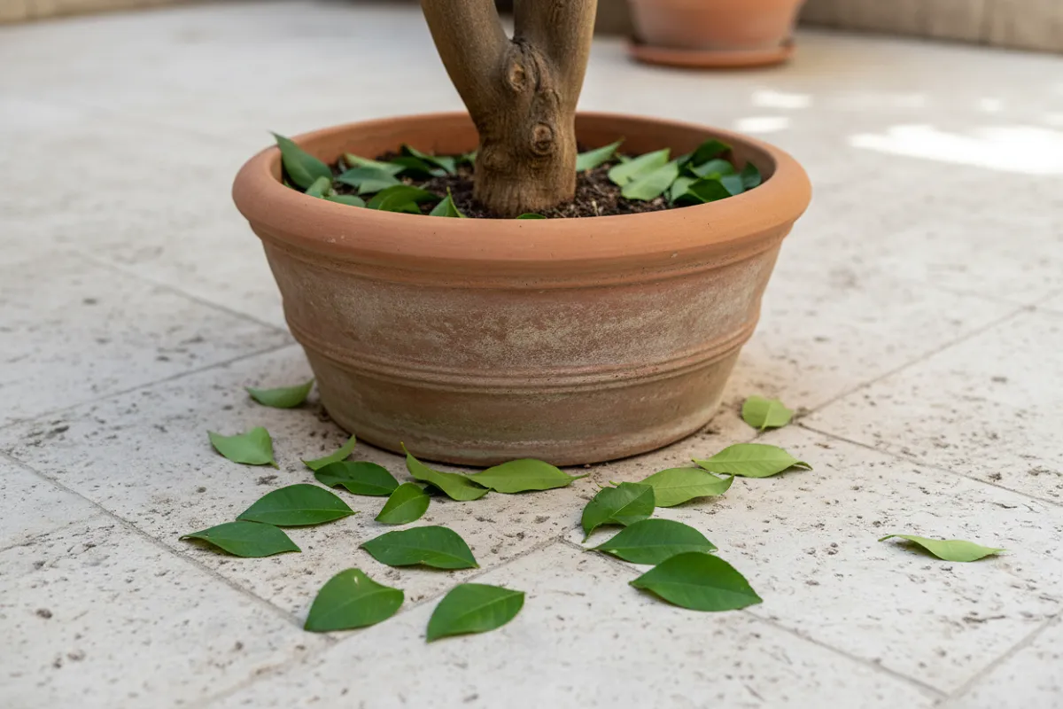 Feuilles de citronnier encore vertes et intactes tombées au sol au pied d'un pot en terre cuite.