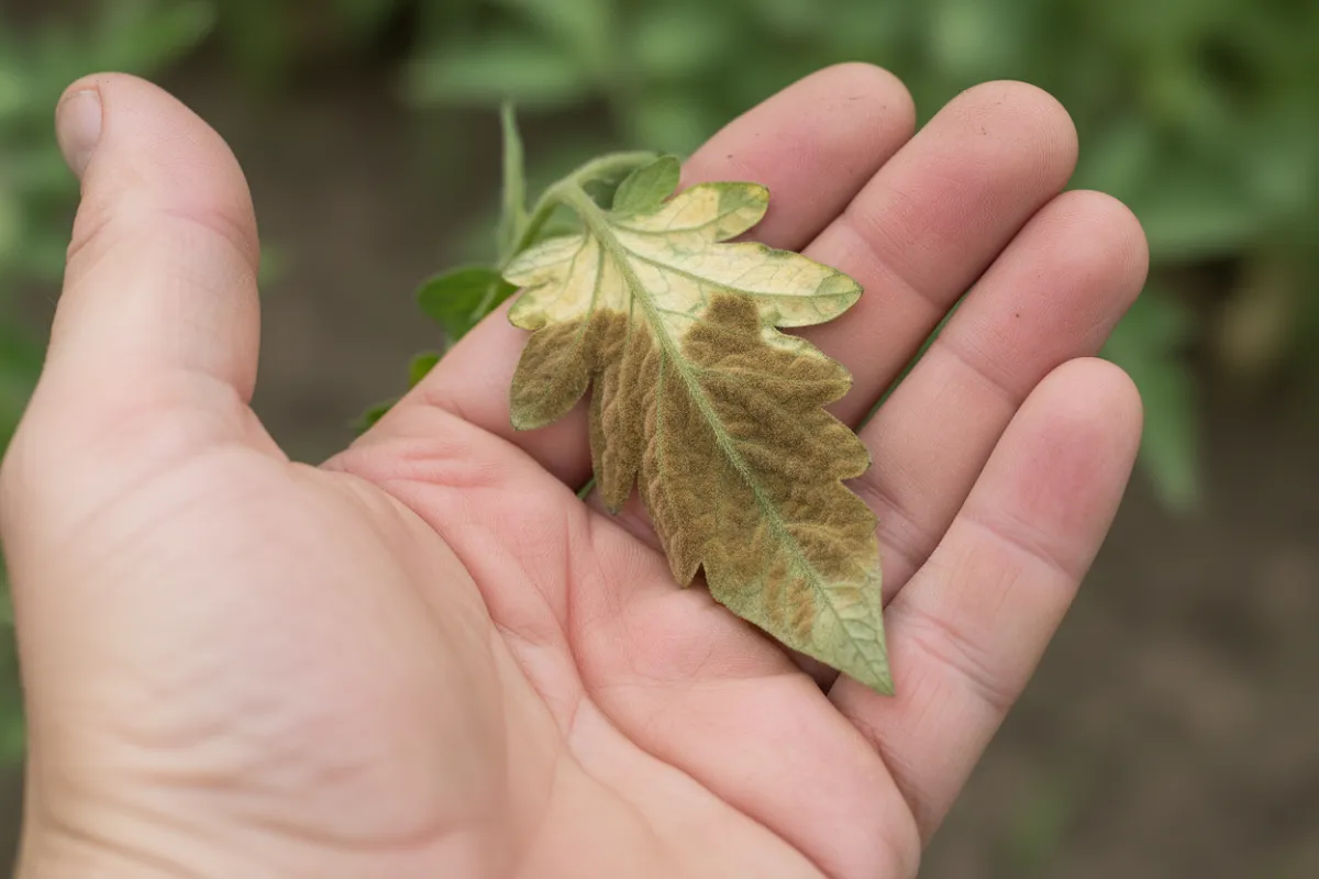 Une main retourne une feuille de tomate, découvrant sous elle un feutrage brun olive alors que le dessus ne montre que des plages jaune pâle.
