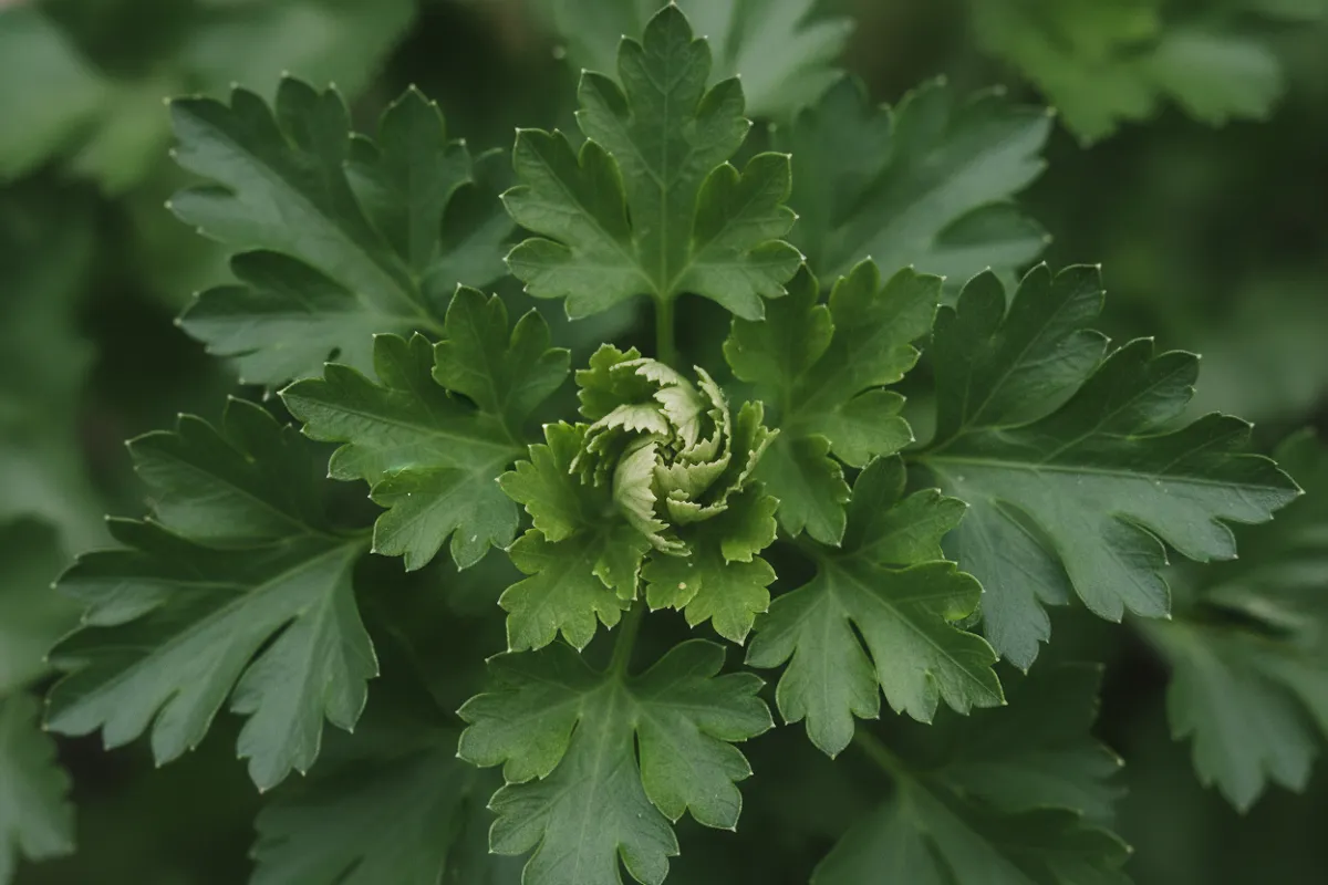 Vue plongeante sur le centre d'un pied de persil, où de minuscules feuilles vert clair encore repliées émergent au milieu de la rosette entourée de feuilles adultes.