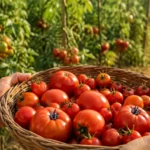 Combien de pieds de tomates planter, selon ce que tu veux et la place que tu as 2 Deux mains tiennent un panier d'osier rempli de tomates mûres devant un rang de pieds tuteurés chargés de fruits.