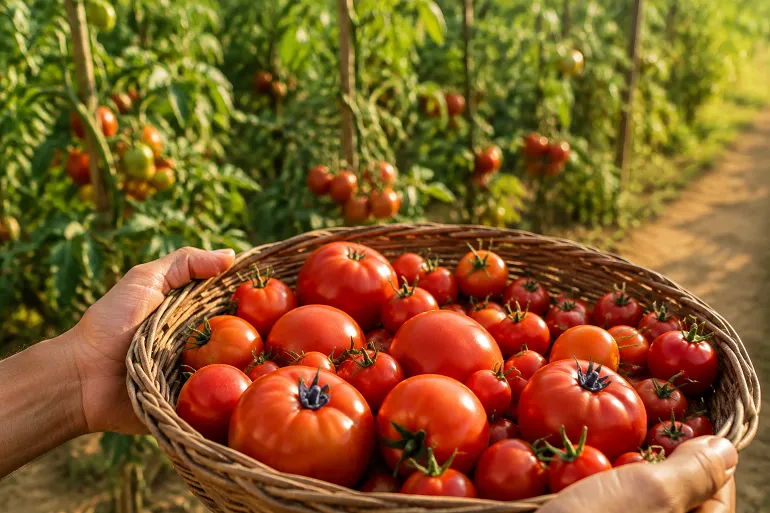Deux mains tiennent un panier d'osier rempli de tomates mûres devant un rang de pieds tuteurés chargés de fruits.
