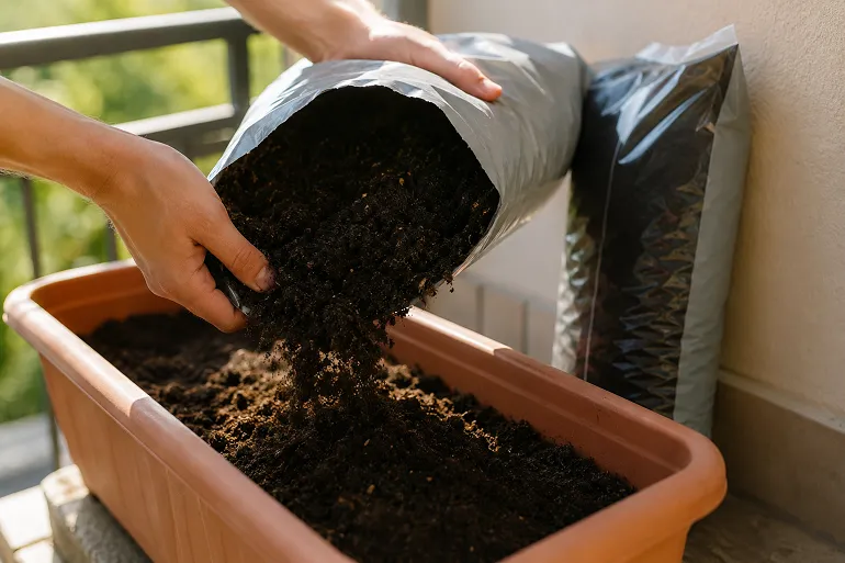 Deux mains versent du terreau sombre depuis un sac ouvert dans une jardinière allongée posée sur un rebord de balcon ensoleillé.