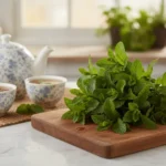 Conserver la menthe : la seule feuille tendre qui se sèche 5 de la menthe fraîche sur une planche a découper près d'une théière et de tasses