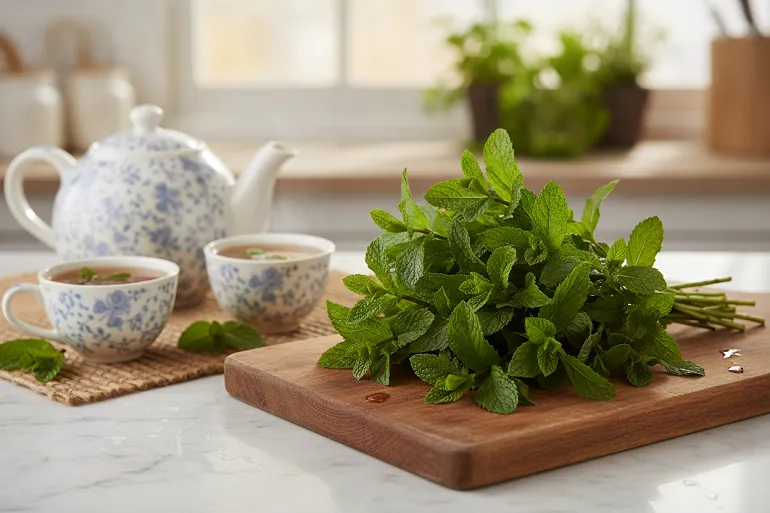 de la menthe fraîche sur une planche a découper près d'une théière et de tasses