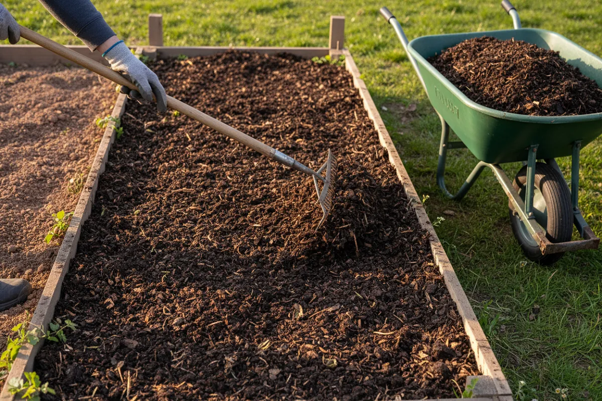 Du compost sombre étalé en couche régulière à la surface d'une planche de potager au râteau, la terre encore nue visible au bout de la planche.