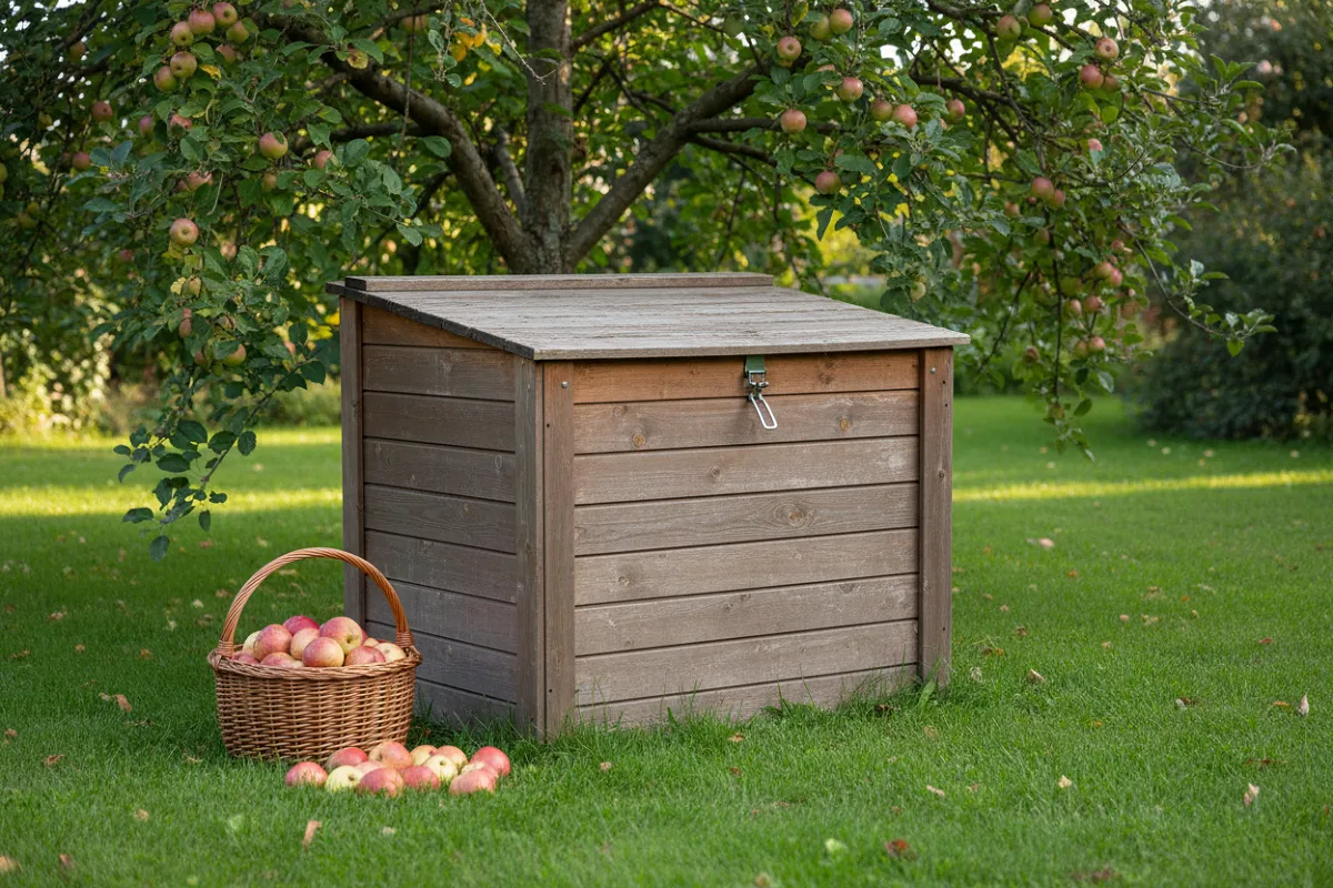 Un composteur fermé à couvercle posé sur l'herbe sous un arbre fruitier, le sol autour dégagé et un panier de fruits tombés ramassés à côté.