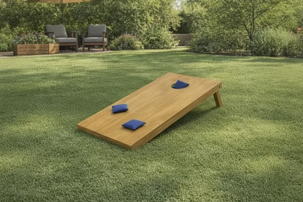 Une planche de cornhole inclinée sur l'herbe, avec des sacs de tissu posés à plat sur sa surface et un sac engagé dans le trou rond.