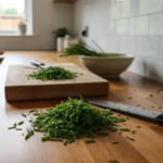 De la ciboulette finement hachée dans une cuisine