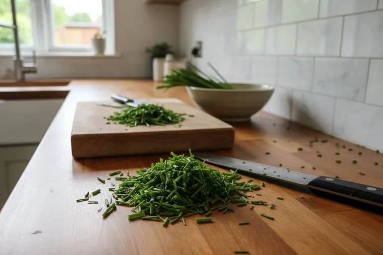 De la ciboulette finement hachée dans une cuisine