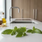 basilic sur le plan de travail d'une cuisine