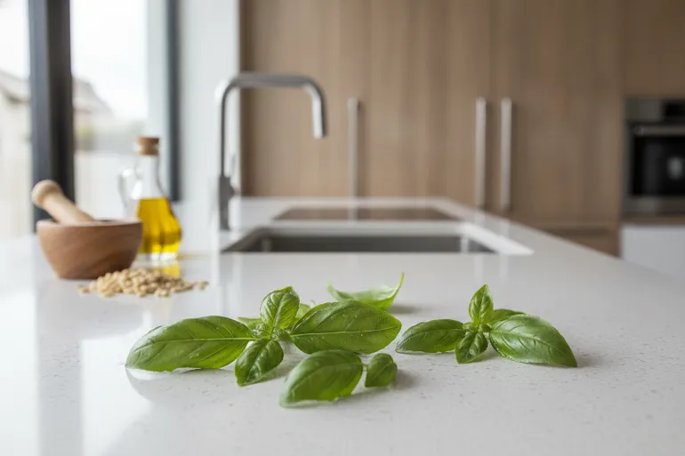 basilic sur le plan de travail d'une cuisine