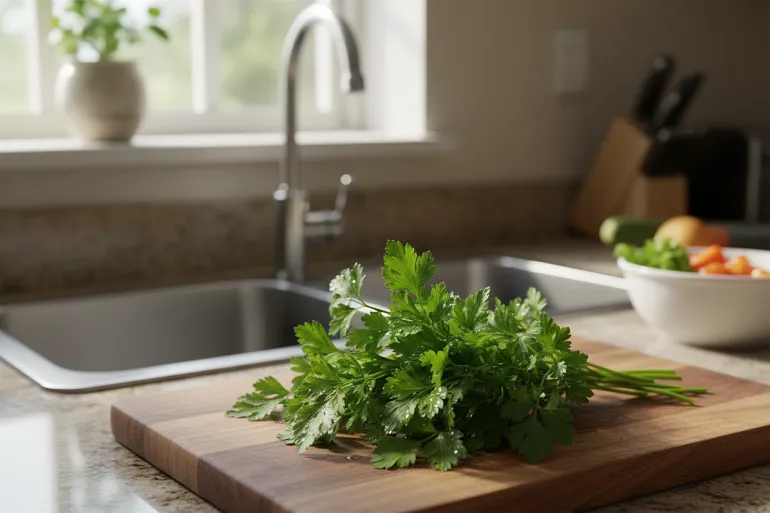 du persil sur le plan de travail d'une cuisine