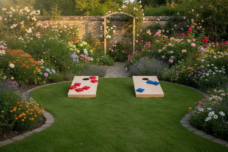 Deux planches de cornhole posées face à face sur une pelouse tondue, à plusieurs mètres l'une de l'autre, chacune surélevée à l'arrière et percée d'un trou rond près du haut.