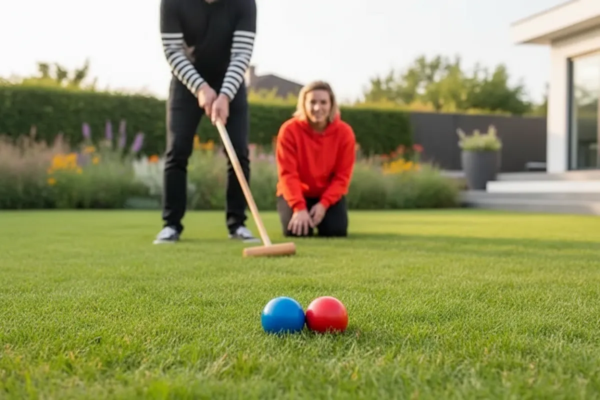 Deux boules de croquet peintes posées en contact direct l'une contre l'autre sur une pelouse rase, avec la tête d'un maillet placée juste derrière.