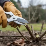 Jardin en février : des mains taillent une tige de rosier en biais juste au-dessus d'un œil tourné vers l'extérieur, la coupe nette bien visible.