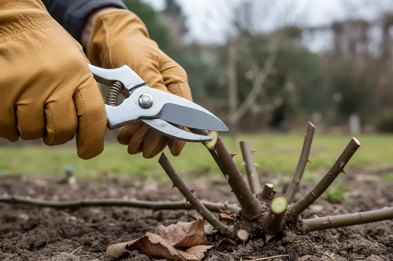 Jardin en février : des mains taillent une tige de rosier en biais juste au-dessus d'un œil tourné vers l'extérieur, la coupe nette bien visible.