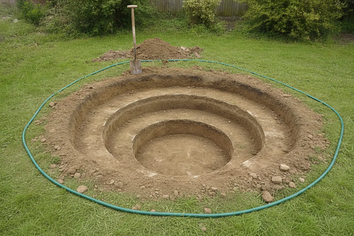 Une excavation de bassin fraîchement creusée montrant trois paliers successifs vers le centre, avec une bêche plantée sur le côté et un tuyau d'arrosage posé au sol pour marquer le contour.